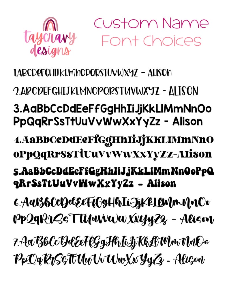 May include: A graphic showing seven different font styles for a custom name. The fonts are shown with the alphabet and the name "Alison" in each style.