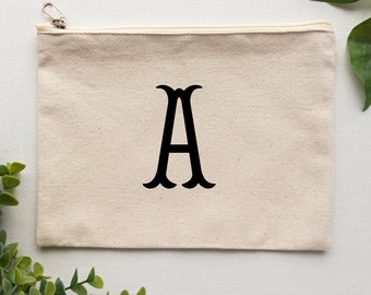 Initial Monogram Canvas Zipper Pouch -Fishtale Style Font Initial Bag - Personalized Canvas Pouch - Makeup Bag - Letter Pouch