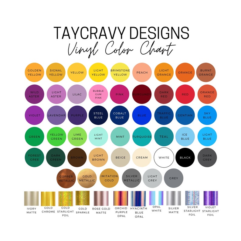 May include: Vinyl color chart with a variety of colors, including golden yellow, signal yellow, light yellow, wild aster, light aster, lilac, bubble gum pink, pink, burgundy, dark red, red, orange red, violet, lavendar, purple, steel blue, cobalt blue, blue, traffic blue, gentian, sky blue, green, yellow green, lime green, light mint, mint, turquoise, teal, ice blue, light blue, forest green, dark green, brown, light brown, beige, cream, white, black, dark grey, copper metallic, gold metallic, imitation gold, silver metallic, light grey, grey, ivory matte, gold chrome, gold starlight foil, gold sparkle, rose gold matte, orchid purple opal, hyacinth blue opal, opal white, silver matte, silver starlight foil, violet starlight foil.