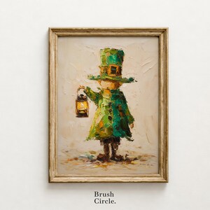 May include: Oil painting of a child in a green coat and hat, holding a lantern. The artwork is framed in a gold-colored wooden frame. The painting has a textured, impressionistic style. The text "Brush Circle" is at the bottom.