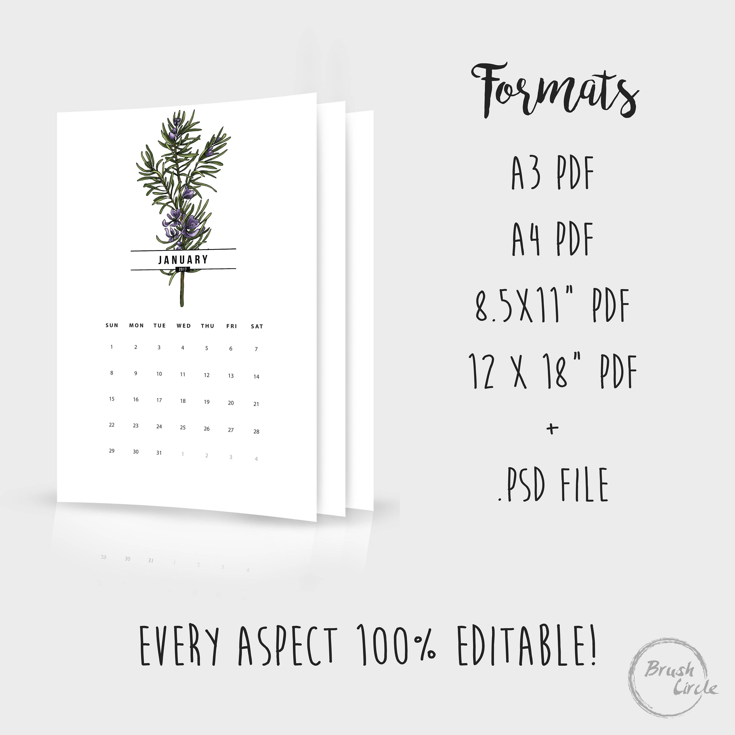 2017 + 2018 Calendar Template - 12x18 + A4 Photo Simple Wall Calendar ...