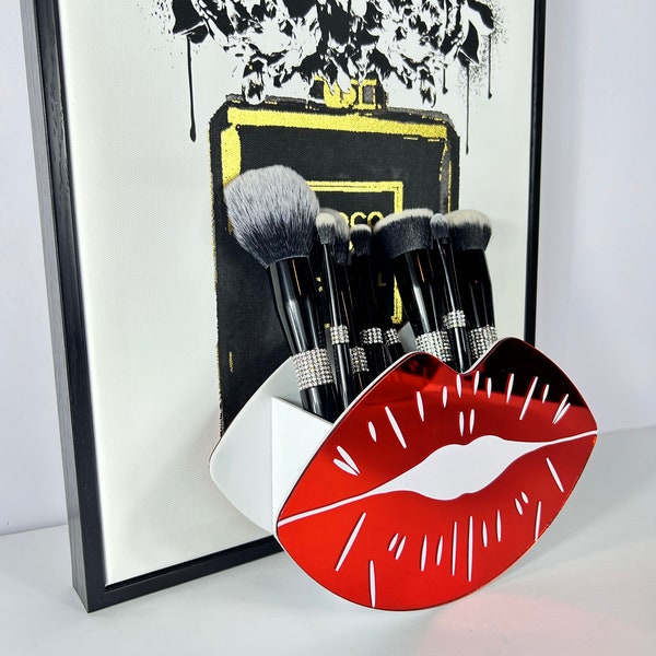 Tabletop makeup holder, Red Lips Cosmetic Vanity Organizer, Gift for Her