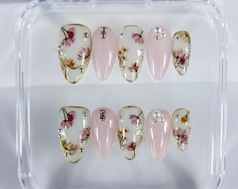 Fancy Floral Summer Spring 3D Pearl Press on Nail Design