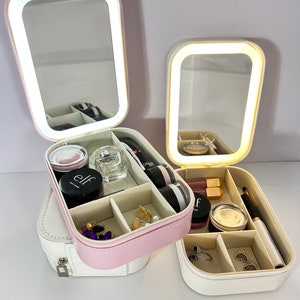 Organiseur de maquillage personnalisé, boîte à bijoux, rangement pour femme et fille, trousse de voyage pour maquillage, rose et blanc, miroir LED, 3 lumières réglables en couleurs image 5