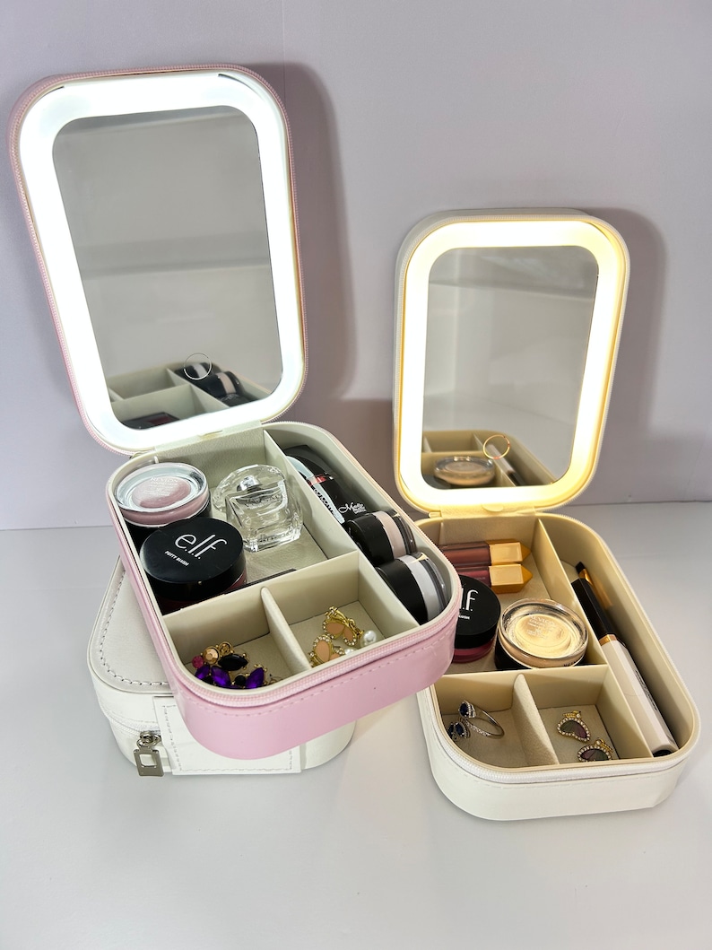 Organiseur de maquillage personnalisé, boîte à bijoux, rangement pour femme et fille, trousse de voyage pour maquillage, rose et blanc, miroir LED, 3 lumières réglables en couleurs image 5