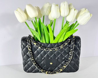 Schwarze Quilt Geldbörse Vase Handtasche Blumenvase Luxus Geldbörse Vase Übertopf Blumenvase Home Decor Geschenke für Sie Valentinstag Geschenk