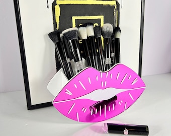 Pink Lips Makeup Brush Holder, Mirrored Vanity Organizer