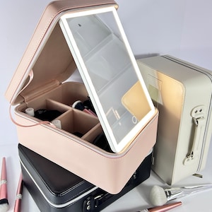 Organizador de maquillaje, joyero, almacenamiento para mujeres y niñas, Estuche De Viaje de maquillaje rosa y blanco, espejo LED, luces ajustables de 3 colores