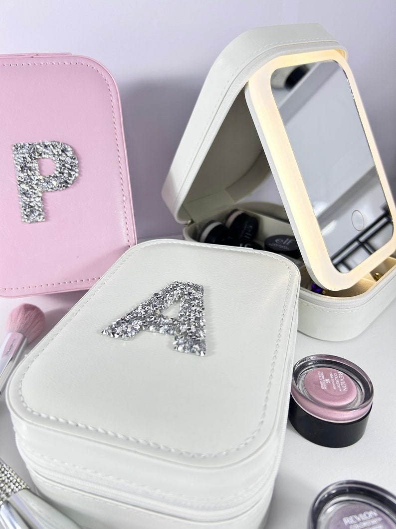 Organiseur de maquillage personnalisé, boîte à bijoux, rangement pour femme et fille, trousse de voyage pour maquillage, rose et blanc, miroir LED, 3 lumières réglables en couleurs image 6