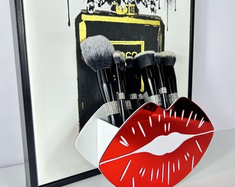 Porta pennelli da trucco con specchio rosso per labbra, organizer da toeletta