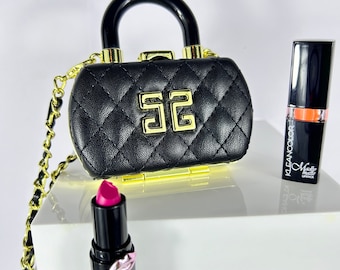 Quilted Black Mini Purse, Lipstick Case Necklace with Mirror