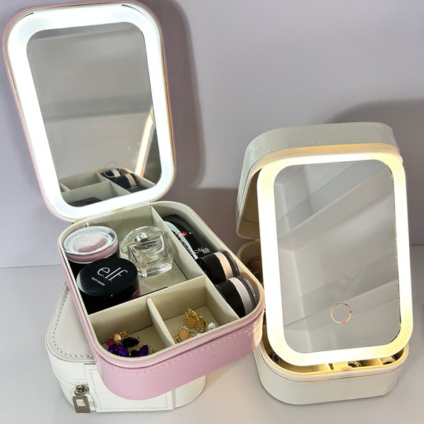 Organiseur de maquillage personnalisé, boîte à bijoux, rangement pour femme et fille, trousse de voyage pour maquillage, rose et blanc, miroir LED, 3 lumières réglables en couleurs