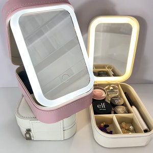 Organiseur de maquillage personnalisé, boîte à bijoux, rangement pour femme et fille, trousse de voyage pour maquillage, rose et blanc, miroir LED, 3 lumières réglables en couleurs image 3
