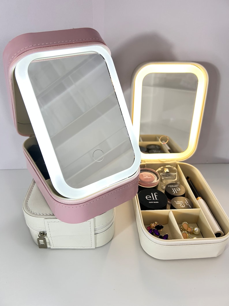 Organiseur de maquillage personnalisé, boîte à bijoux, rangement pour femme et fille, trousse de voyage pour maquillage, rose et blanc, miroir LED, 3 lumières réglables en couleurs image 3