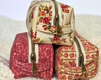 Handmade Floral Makeup Pouch, Boxy Zippered Cosmetic Bag