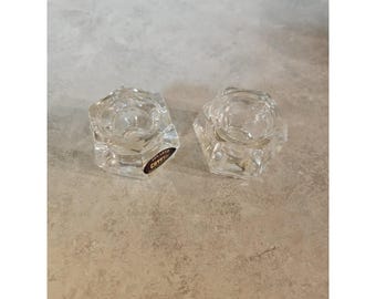 Pair Cristal Crystal Candlestick Holders Tapers 24% Lead 2" Hexagon