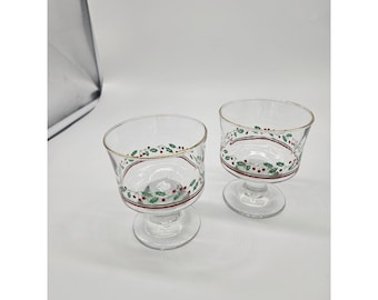 VTG. Arbys Holly Berry Ribbon Gold Rim Holiday Sherbert-Dessert Footed 2 szklanki