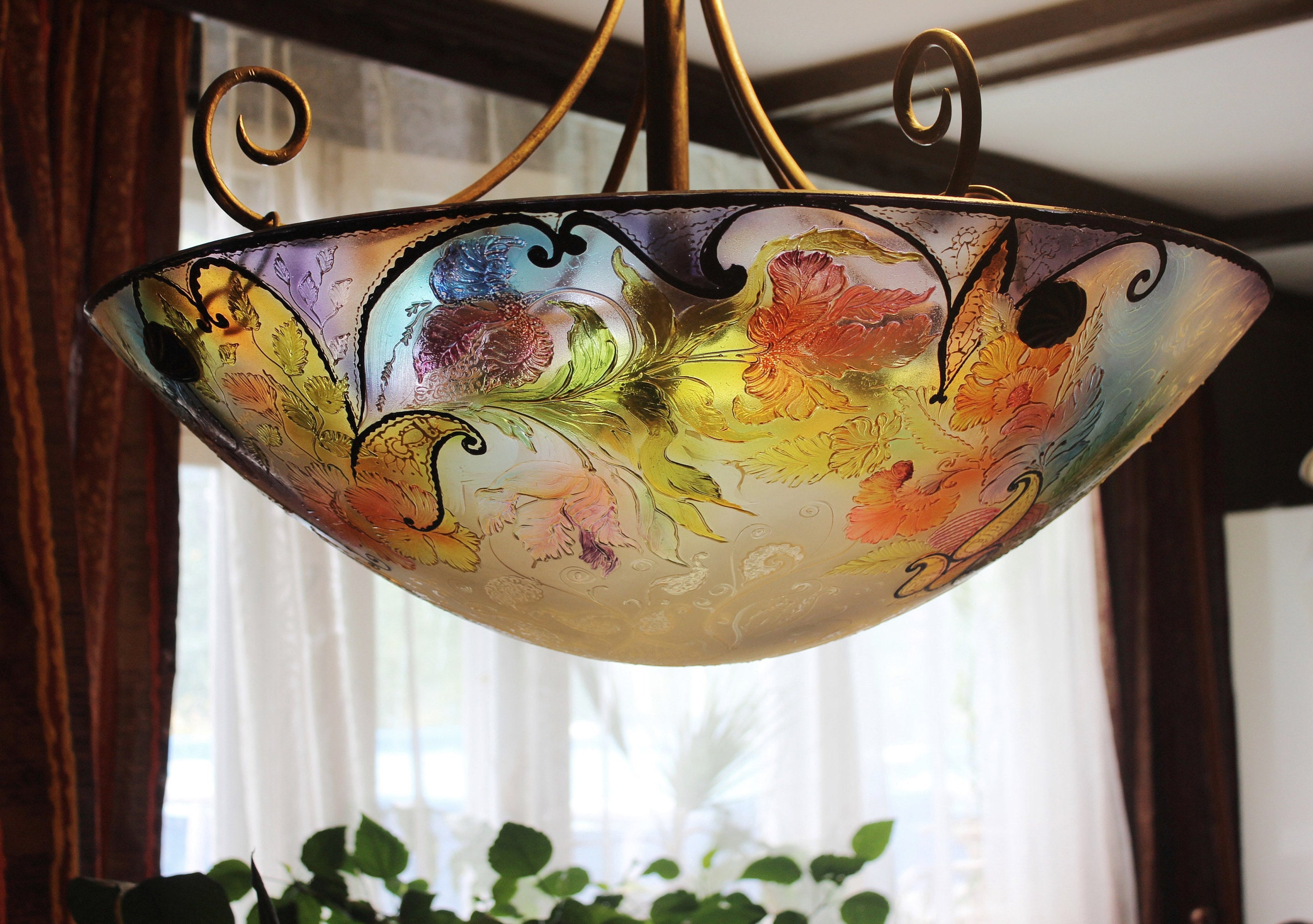Large Painted Glass Chandelier Pendant Lamp Shade Hanging Etsy