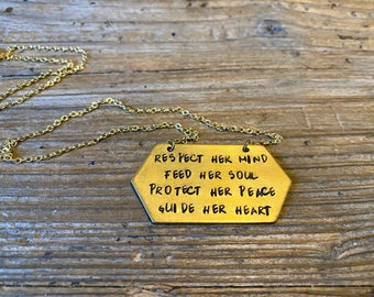 Respect her mind brass necklace