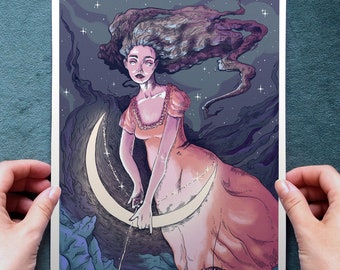 Greek Mythology Art Print, "Artemis and the Moon" Fantasy Art. Hellenic, Goddess Diana pagan decor. Wiccan A4 poster print, gift for witches