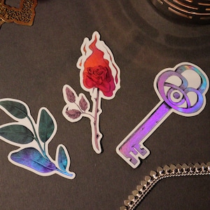 Holographic Sticker Set &quot;Burning Secrets&quot;, Holo Plant Sticker, Hekate Key Decal, Trippy Rose Sticker. Cottagecore aesthetic, kawaii sticker