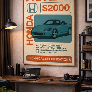 Könnte beinhalten: Gerahmtes Poster mit einer Illustration eines türkisblauen Honda S2000 Sportwagens. Das Poster enthält das Honda-Logo, den Modellnamen und technische Daten. Die Länge beträgt 413,5 cm. Das Poster wird über einem Holztisch angezeigt.
