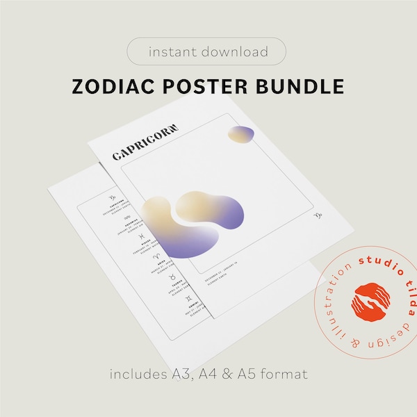 Zodiac Poster Bundle | 12 zodiac signs + overview | printable | A3, A4 & A5 format | instant download | PDF files