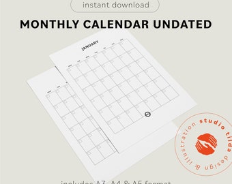 Printable minimalist monthly calendar in portrait format | undated | A3, A4 & A5 format | instant download | PDF files