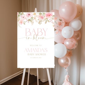 Baby in Bloom baby shower sign for girl. Baby shower welcome sign available on canvas, acrylic, or photo board.