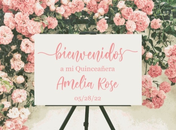 Bienvenidos sign stickers. DIY sign stickers. A Mi Quinceanera sign stickers. Spanish sign decals.  Quinceanera decals for sign. Custom