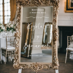 Pegatinas con letreros de Bienvenidos A Nuestra Boda. Vinilos de carteles de boda españoles. Bienvenidos a nuestra boda calcomanías con letreros. calcomanías de espejo de boda