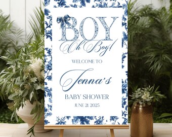 Set di inviti per baby shower e cartello di benvenuto in stile cinese blu (download modificabile)