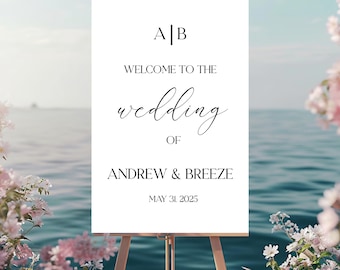 Letrero de bienvenida para boda con monograma, plantilla personalizable de Canva (descarga digital)