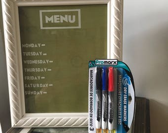 Framed dry erase menu board for kitchen. Picture meal plan weekly custom