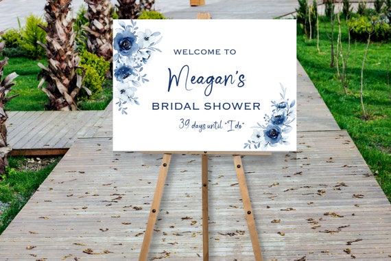 Bridal Shower sign with navy blue flowers.  Days until I do sign. Canvas Bridal shower sign.  Welcome Bridal shower sign on photo board.