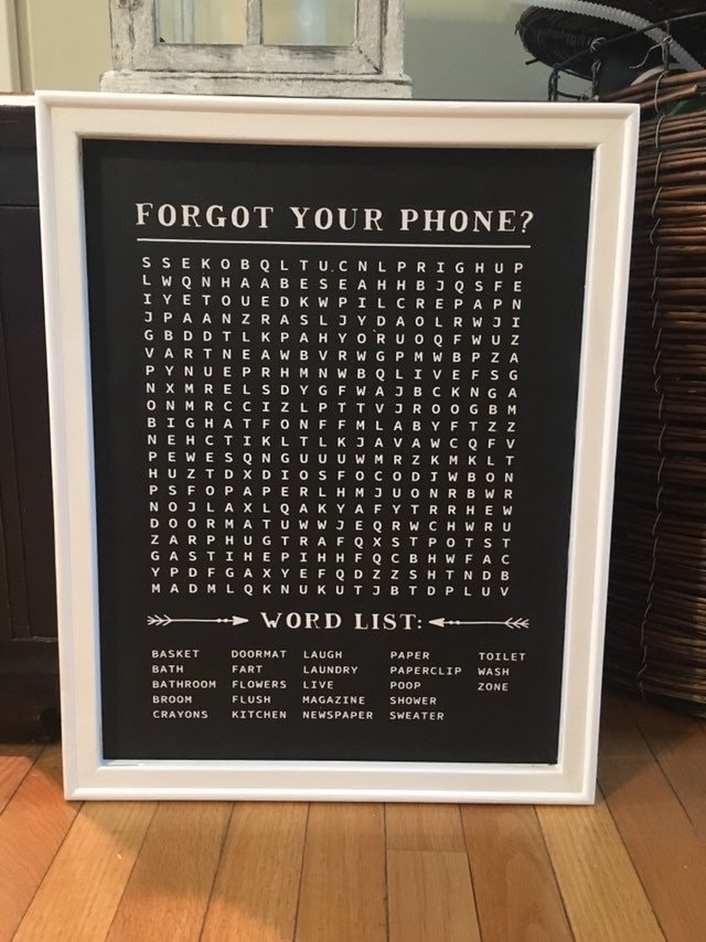 Bathroom Word Search sign. Forgot Your Phone? Funny bathroom signs. Powder room sign. Guest