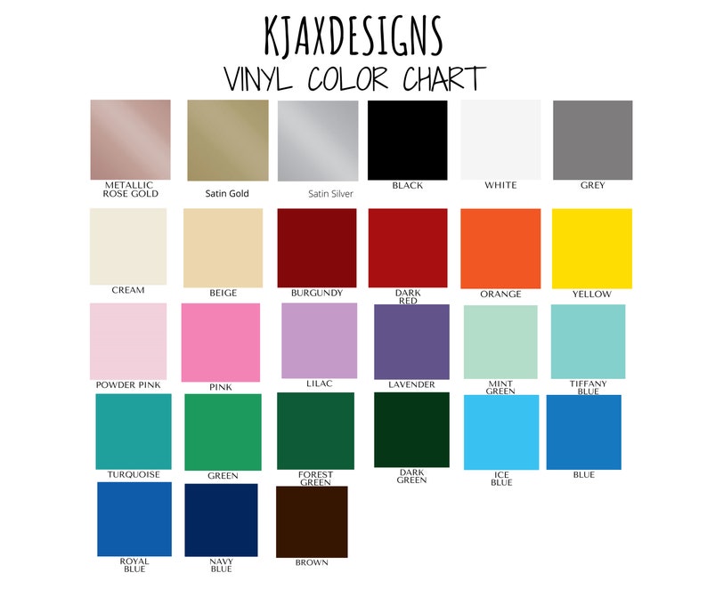 Puede incluir: Una carta de colores de vinilo con 24 colores diferentes, incluyendo oro rosa met&aacute;lico, oro satinado, plata satinada, negro, blanco, gris, crema, beige, burdeos, rojo oscuro, naranja, amarillo, rosa claro, rosa, lila, lavanda, verde menta, azul Tiffany, turquesa, verde, verde bosque, verde oscuro, azul hielo, azul, azul real, azul marino y marr&oacute;n.