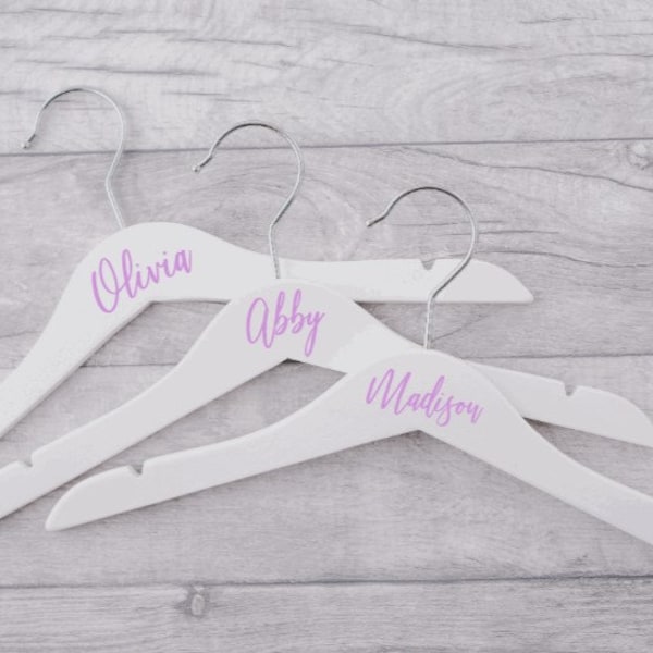 Wedding hanger decals. Bridesmaid hanger name stickers. Vinyl decals for bridal party hangers.
