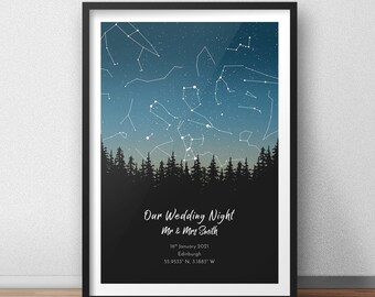 Impresión de mapa de estrellas personalizado enmarcado, regalo de aniversario, impresión de cielo nocturno, cartel de mapa de estrellas, regalo de boda, impresión de constelación, regalo personalizado
