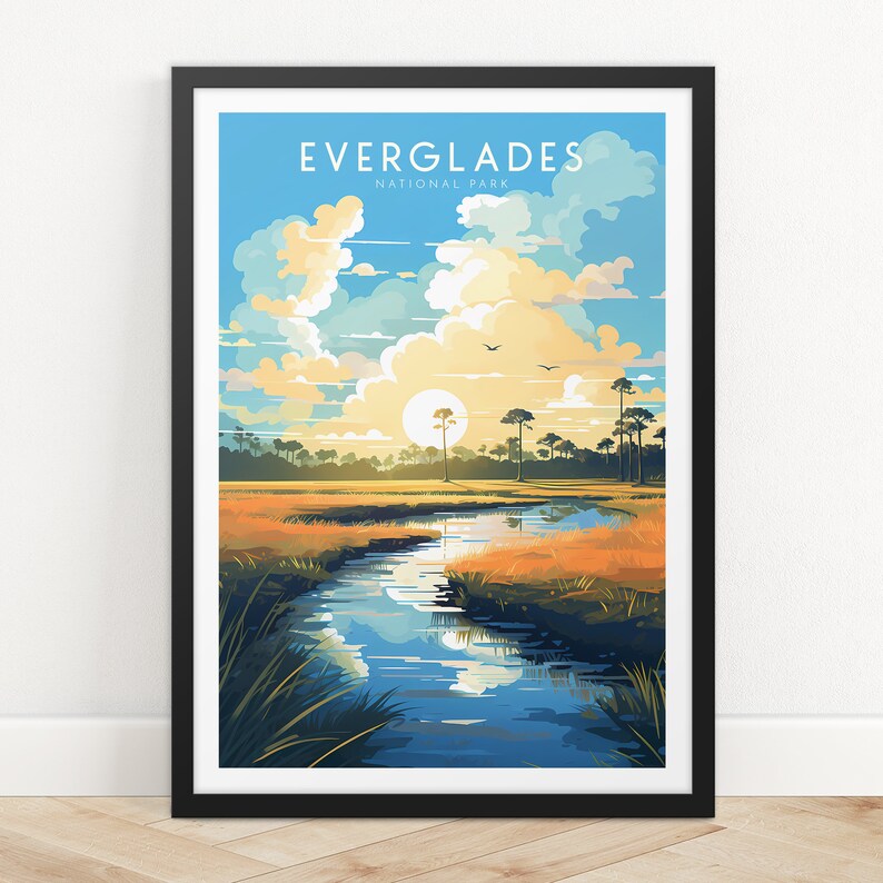 May include: A colorful illustration of a sunset over a river in the Everglades National Park. The sky is blue with white clouds and a bright yellow sun. The river is blue and reflects the sky and clouds. The grass is green and brown.