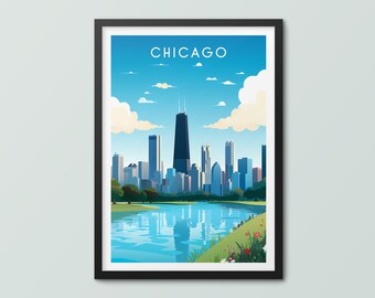 May include: A colorful illustration of the Chicago skyline with the Willis Tower in the center. The city is reflected in a body of water with green grass and flowers in the foreground. The text "CHICAGO" is at the top of the image.