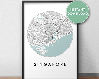 Carte de la ville de Singapour imprimable, art de carte de rue, impression de carte de Singapour, art mural de carte de ville, carte de Singapour, affiche de voyage, imprimable, impression de carte