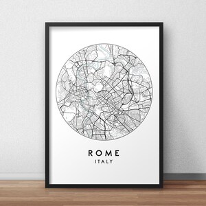 May include: A black and white map of Rome, Italy, in a circular frame. The map shows the city's streets and landmarks. The text "ROME" and "ITALY" is printed below the map.