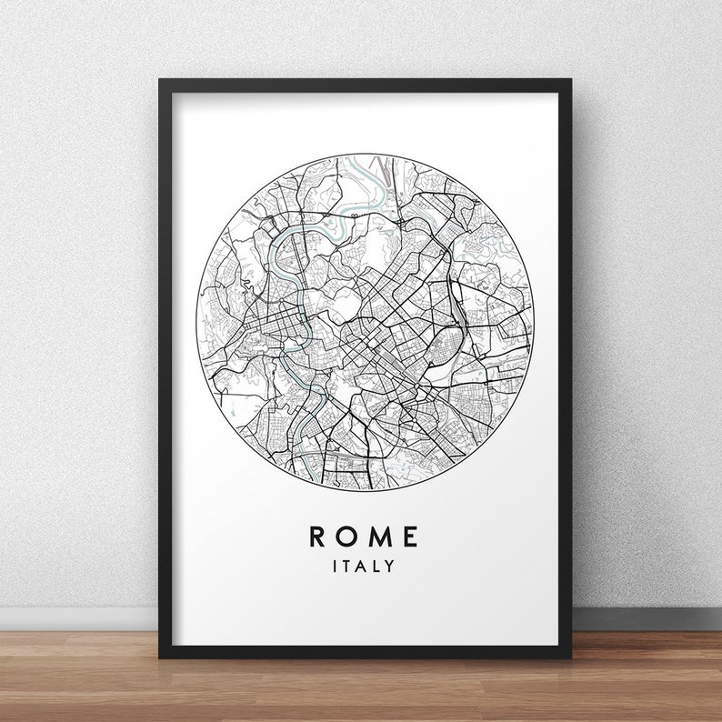 May include: A black and white map of Rome, Italy, in a circular frame. The map shows the city's streets and landmarks. The text "ROME" and "ITALY" is printed below the map.