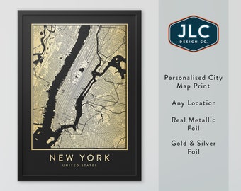 Personalized Metallic Foil City Map Print: Custom Location Wall Art