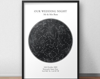 Impresión de mapa de estrellas personalizado enmarcado, regalo de aniversario, impresión de cielo nocturno, cartel de mapa de estrellas, regalo de boda, impresión de constelación, regalo personalizado