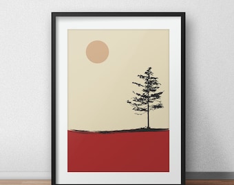 May include: A minimalist art print featuring a single black silhouette of a pine tree against a beige background with a large, peach-colored circle in the upper left corner. The bottom of the print is a solid red color.