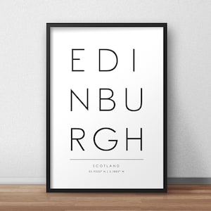 Edinburgh City Print: Minimalist Typography, Scotland Coordinates