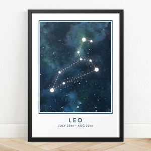 Leo Star Sign Print, Impresión de arte de constelación, Impresión de horóscopo, Impresión de mapa de estrellas, Impresión de zodiaco, Arte de pared de astrología, Arte de pared de dormitorio
