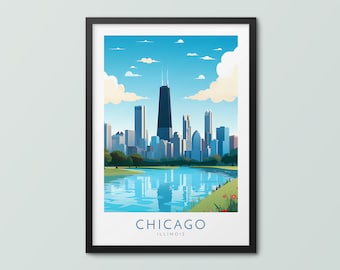 May include: A colorful illustration of the Chicago skyline with the Willis Tower, also known as the Sears Tower, in the center. The skyline is reflected in a body of water in the foreground. The text "CHICAGO ILLINOIS" is at the bottom of the image.